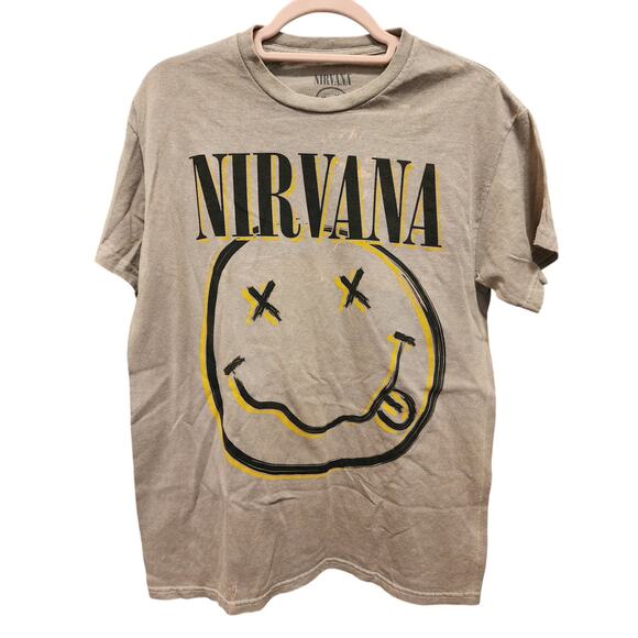 NIRVANA Size Medium Bleach distressed Taupe Smiley Graphic Tee GUC - Picture 1 of 5